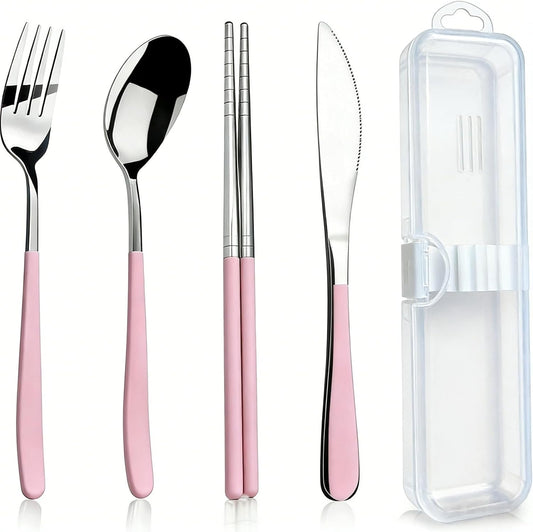 Reusable Travel Utensils Set - 5-Piece Stainless Steel Cutlery with Case, Portable Silverware for Camping, Office & Lunch Box, Eco-Friendly On-the-Go Flatware Kit (Pink)