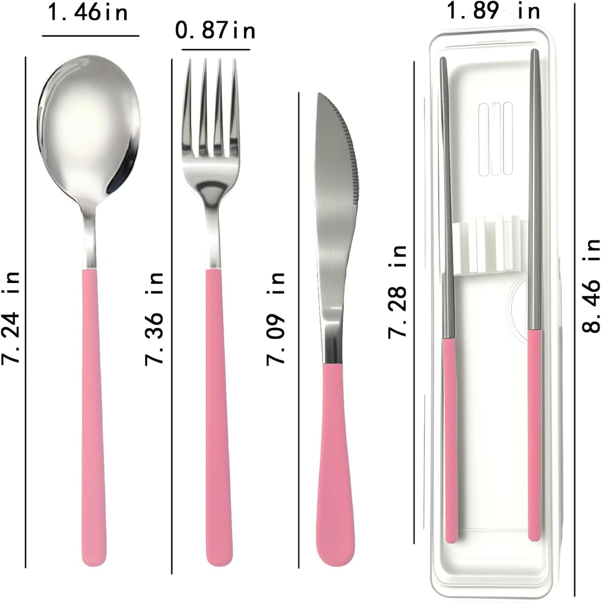 Reusable Travel Utensils Set - 5-Piece Stainless Steel Cutlery with Case, Portable Silverware for Camping, Office & Lunch Box, Eco-Friendly On-the-Go Flatware Kit (Pink)