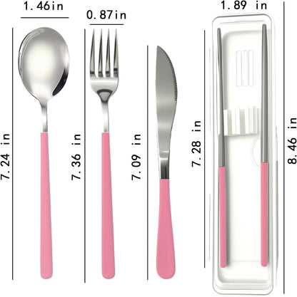Reusable Travel Utensils Set - 5-Piece Stainless Steel Cutlery with Case, Portable Silverware for Camping, Office & Lunch Box, Eco-Friendly On-the-Go Flatware Kit (Pink)