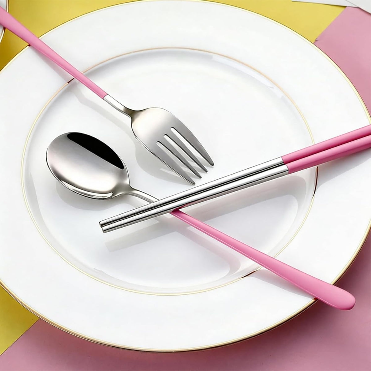 Reusable Travel Utensils Set - 5-Piece Stainless Steel Cutlery with Case, Portable Silverware for Camping, Office & Lunch Box, Eco-Friendly On-the-Go Flatware Kit (Pink)