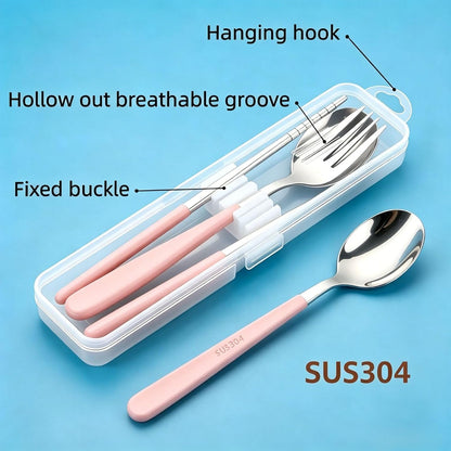 Reusable Travel Utensils Set - 5-Piece Stainless Steel Cutlery with Case, Portable Silverware for Camping, Office & Lunch Box, Eco-Friendly On-the-Go Flatware Kit (Pink)