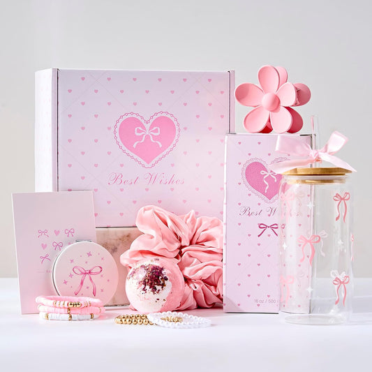 Birthday Gifts for Women Teen Girls, Happy Birthday Gift Baskets for Women, Coquette Pink Bow Glass Cup Gift Box Set, Chrismas Gifts for Daughter Sister Wife Girlfriend Mom