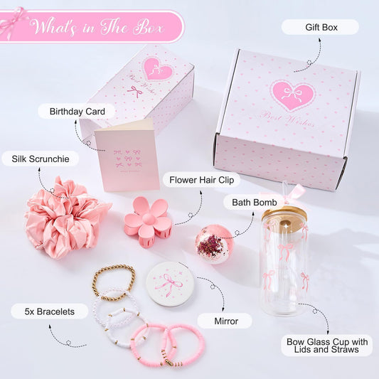 Birthday Gifts for Women Teen Girls, Happy Birthday Gift Baskets for Women, Coquette Pink Bow Glass Cup Gift Box Set, Chrismas Gifts for Daughter Sister Wife Girlfriend Mom