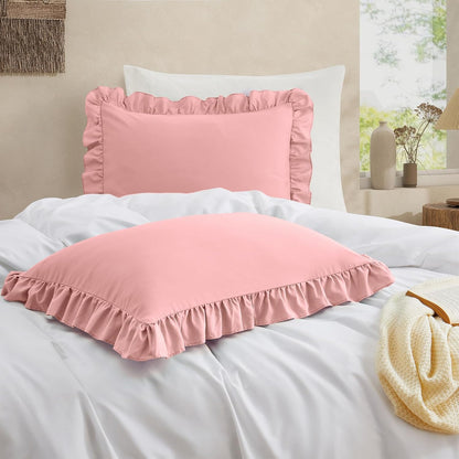Ruffled Pillow Cases, Pink, Standard 20"x26", Set of 2