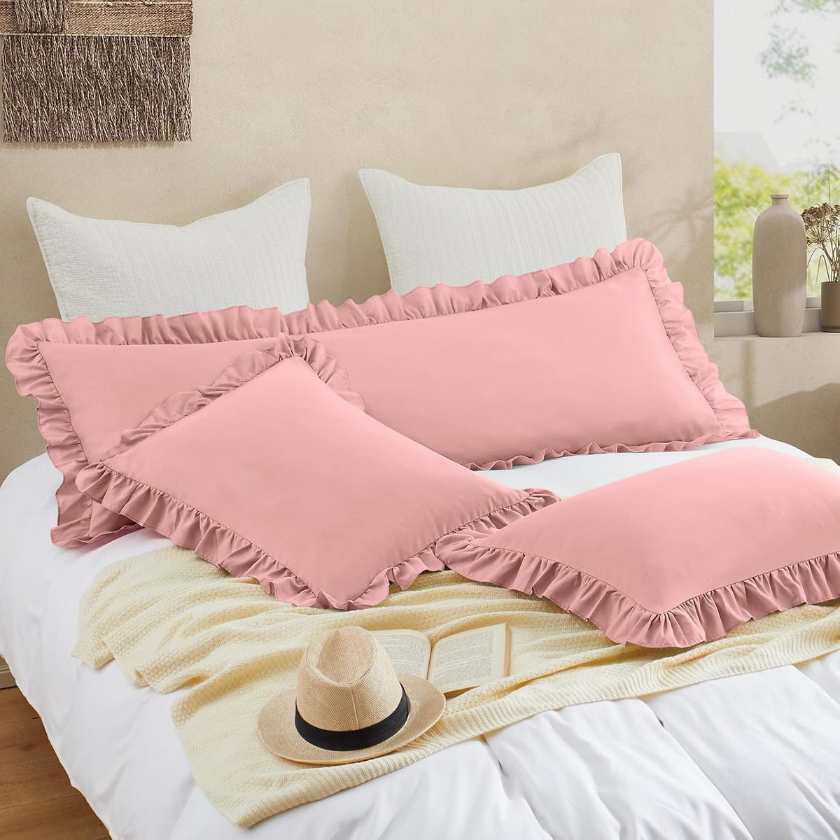 Ruffled Pillow Cases, Pink, Standard 20"x26", Set of 2