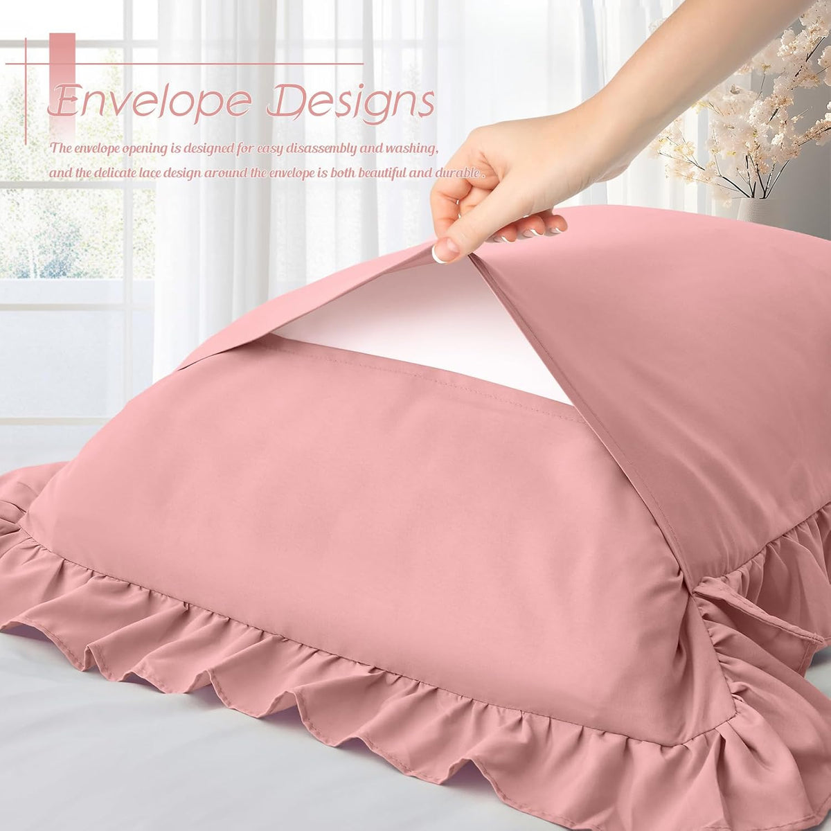 Ruffled Pillow Cases, Pink, Standard 20"x26", Set of 2