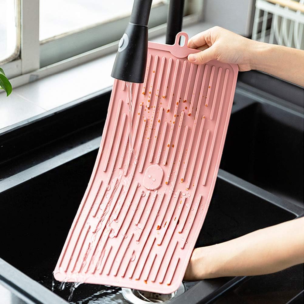 Dish Drying Mat,Large Silicone Drying Mat,Silicone Kitchen Countertop Drying Mat for Pots, Pans, Glassware, Silverware (Pink)