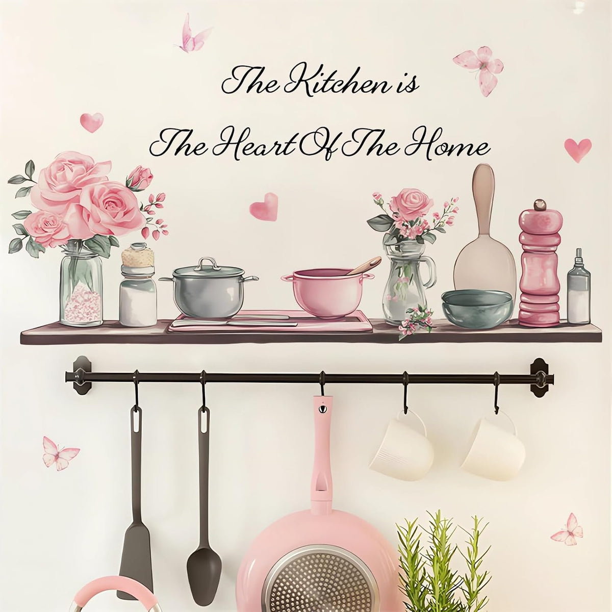 Kitchenware Utensil Shelf Wall Stickers Pink Floral Wall Decals