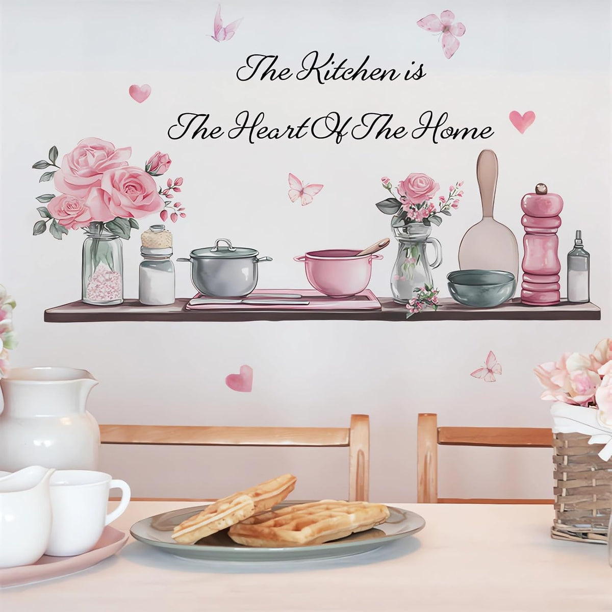 Kitchenware Utensil Shelf Wall Stickers Pink Floral Wall Decals
