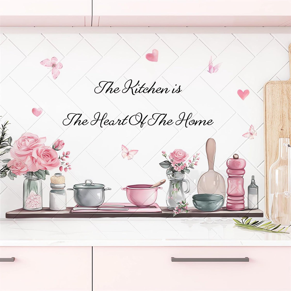 Kitchenware Utensil Shelf Wall Stickers Pink Floral Wall Decals
