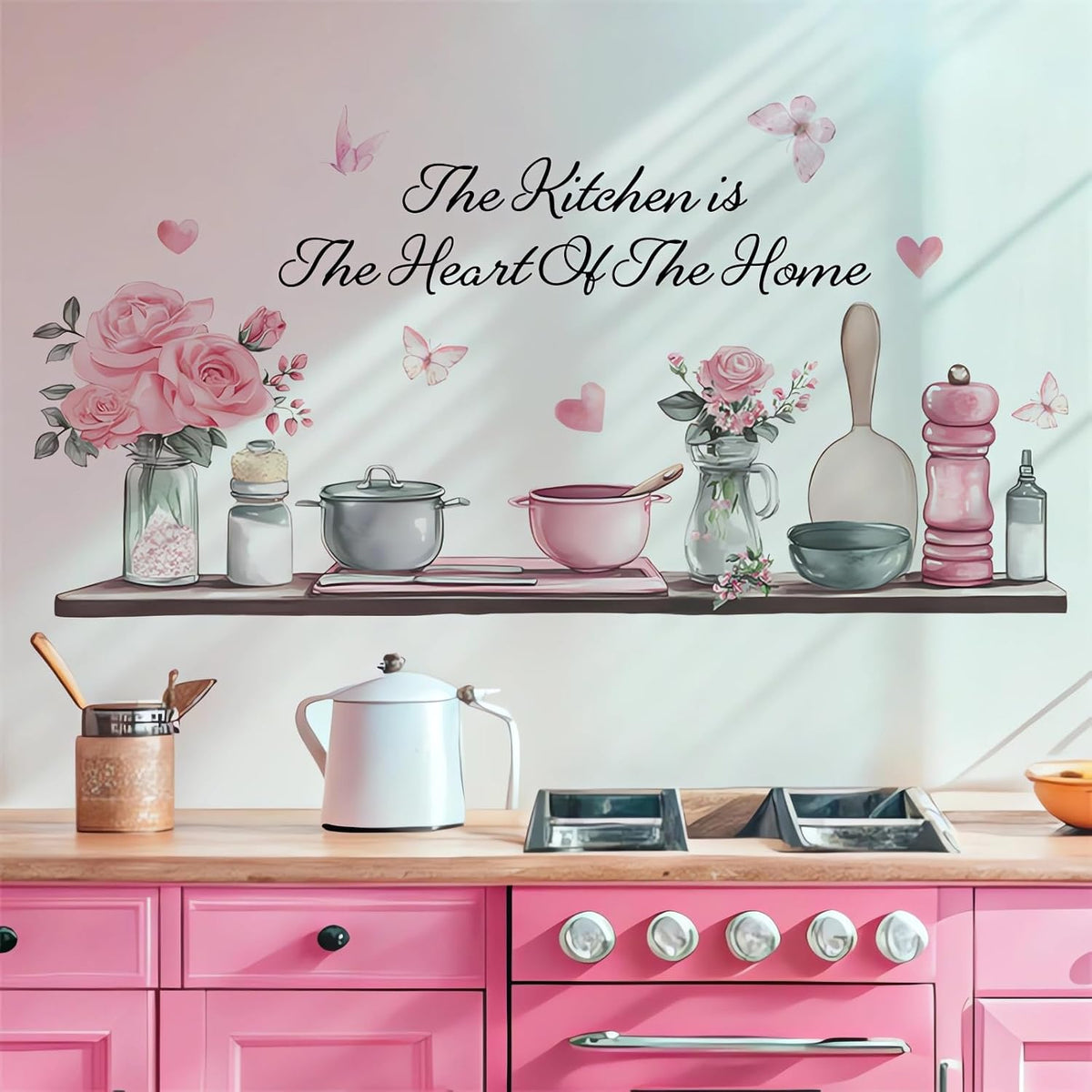 Kitchenware Utensil Shelf Wall Stickers Pink Floral Wall Decals