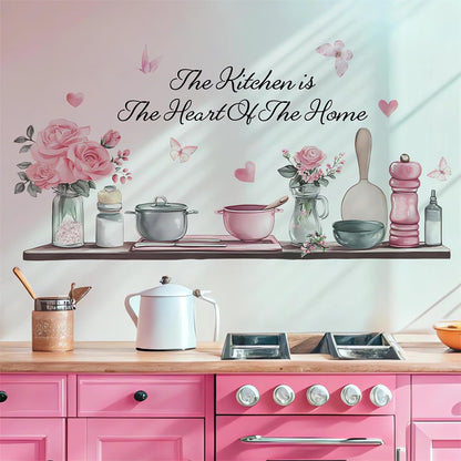 Kitchenware Utensil Shelf Wall Stickers Pink Floral Wall Decals