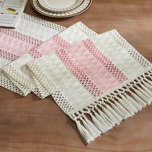 ZeeMart Macrame Style Bicolor Stitching Table Runner, 14 x 72 Inch Light Pink/Ivory, Boho Pink Table Runners 72 Inches Long, Farmhouse Woven Home Decor