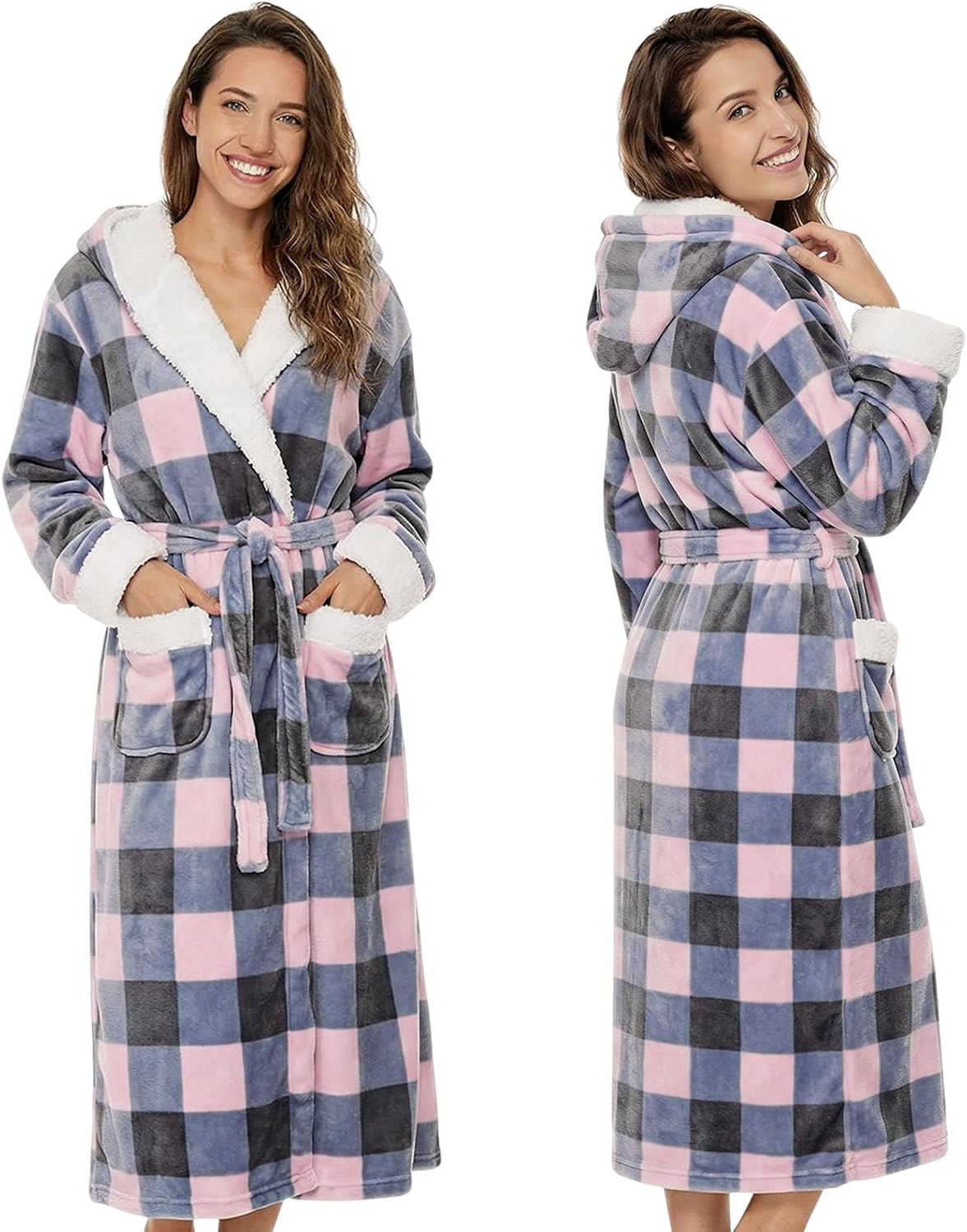 Plush Hooded Robe for Women Long Flannel House Coat Soft Warm Fuzzy Bathrobe Sleepwear Spa Bath Mother's Day Present