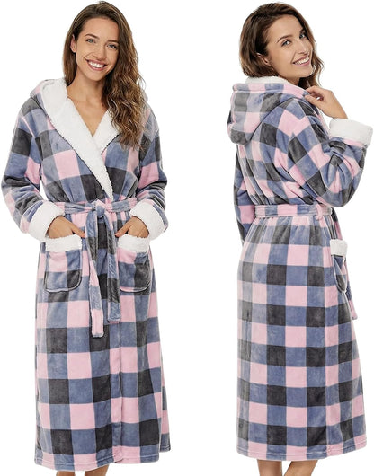 Plush Hooded Robe for Women Long Flannel House Coat Soft Warm Fuzzy Bathrobe Sleepwear Spa Bath Mother's Day Present
