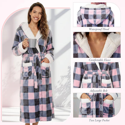 Plush Hooded Robe for Women Long Flannel House Coat Soft Warm Fuzzy Bathrobe Sleepwear Spa Bath Mother's Day Present