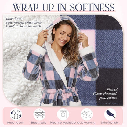 Plush Hooded Robe for Women Long Flannel House Coat Soft Warm Fuzzy Bathrobe Sleepwear Spa Bath Mother's Day Present