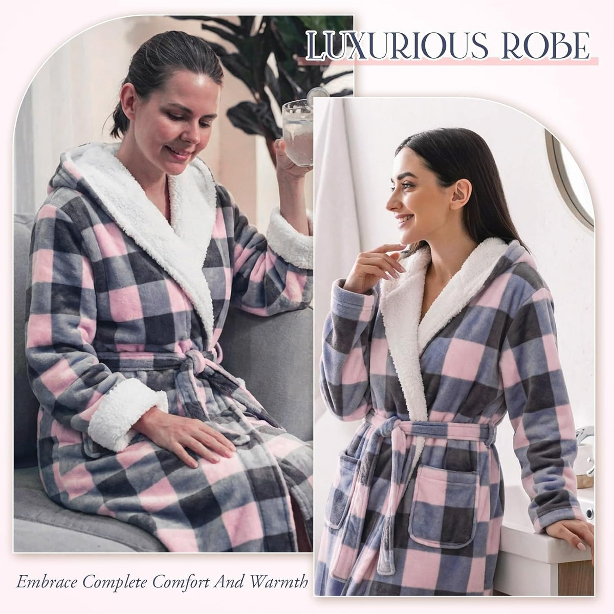 Plush Hooded Robe for Women Long Flannel House Coat Soft Warm Fuzzy Bathrobe Sleepwear Spa Bath Mother's Day Present