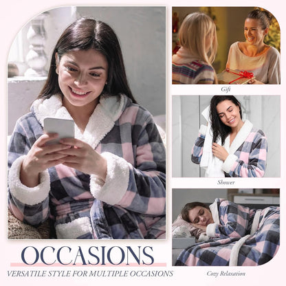 Plush Hooded Robe for Women Long Flannel House Coat Soft Warm Fuzzy Bathrobe Sleepwear Spa Bath Mother's Day Present