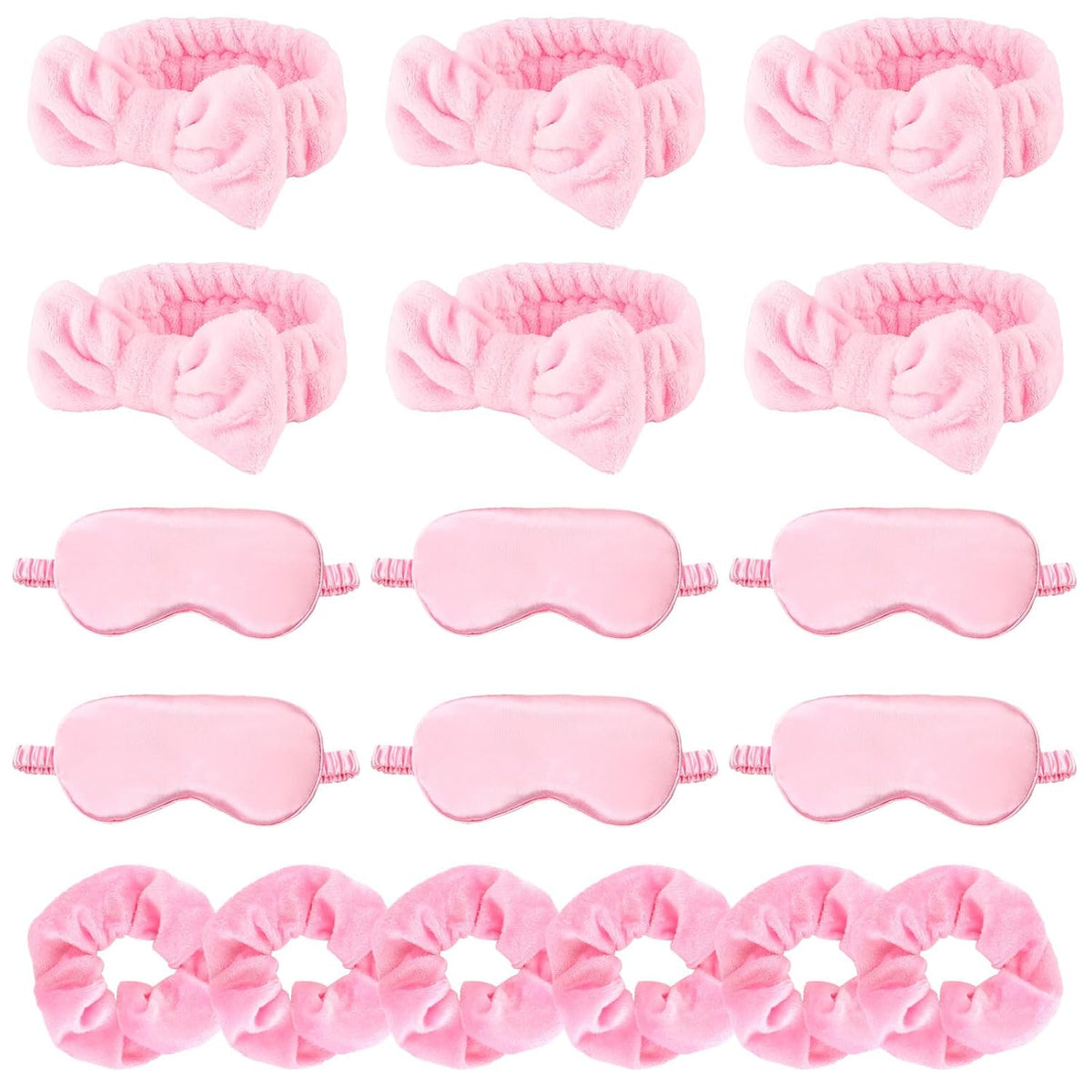 18 Pcs Sleepover Party Supplies for Girls - Pink Party Favors Include 6 Spa Headband, 6 Silk Eye Mask and 6 Velvet Scrunchies for Spa Birthday, Bachelorette, Slumber (Pink)