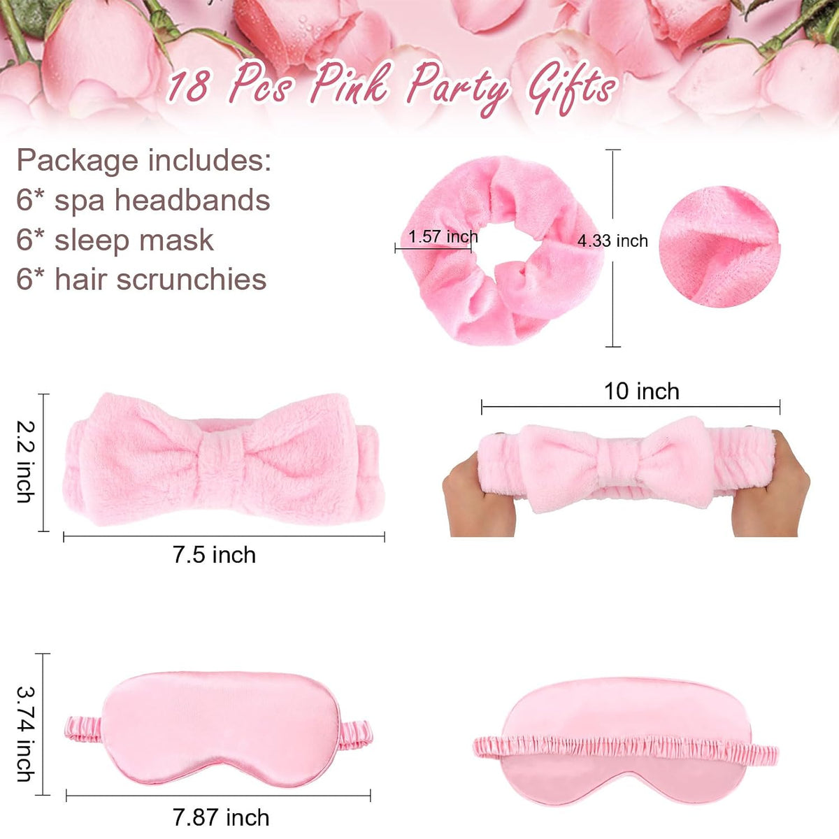 18 Pcs Sleepover Party Supplies for Girls - Pink Party Favors Include 6 Spa Headband, 6 Silk Eye Mask and 6 Velvet Scrunchies for Spa Birthday, Bachelorette, Slumber (Pink)