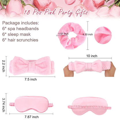 18 Pcs Sleepover Party Supplies for Girls - Pink Party Favors Include 6 Spa Headband, 6 Silk Eye Mask and 6 Velvet Scrunchies for Spa Birthday, Bachelorette, Slumber (Pink)