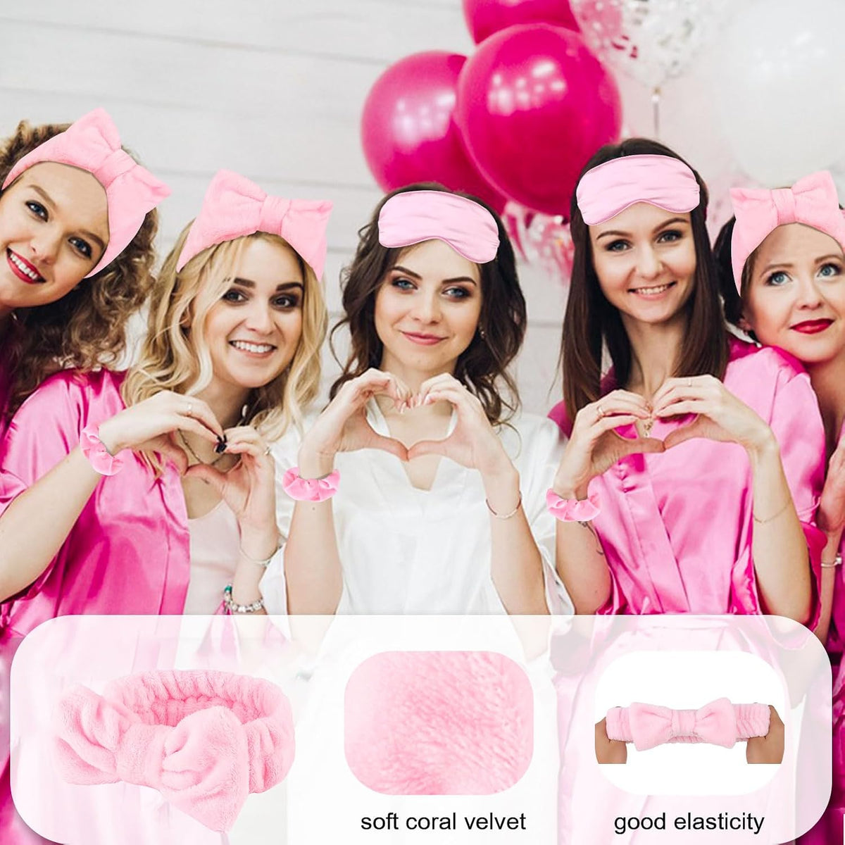 18 Pcs Sleepover Party Supplies for Girls - Pink Party Favors Include 6 Spa Headband, 6 Silk Eye Mask and 6 Velvet Scrunchies for Spa Birthday, Bachelorette, Slumber (Pink)