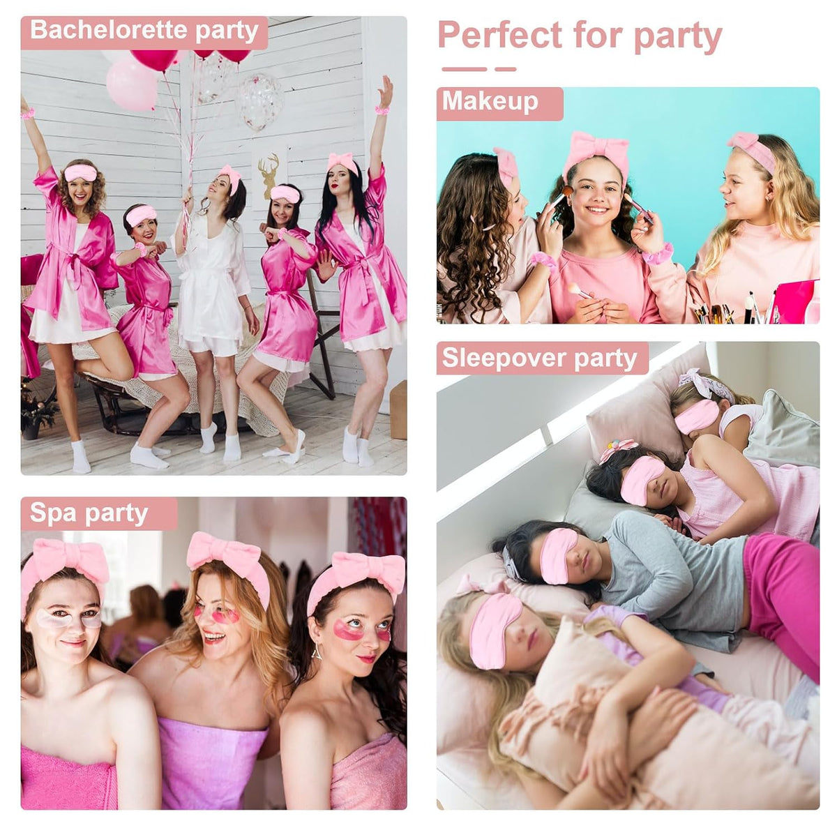 18 Pcs Sleepover Party Supplies for Girls - Pink Party Favors Include 6 Spa Headband, 6 Silk Eye Mask and 6 Velvet Scrunchies for Spa Birthday, Bachelorette, Slumber (Pink)