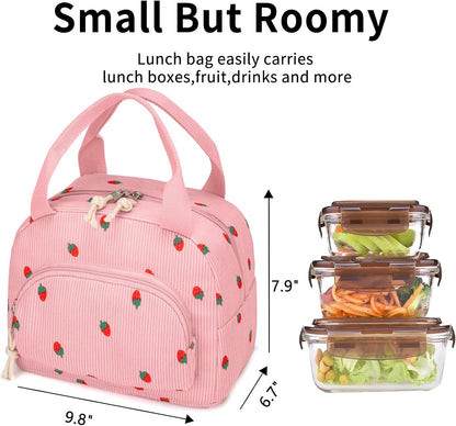 Lunch Bag Women Lunch Box for Women Adult Cute Insulated Lunch Bag Small Cooler Lunch Tote Bags for Work Picnic Travel (Pink-Strawberry)