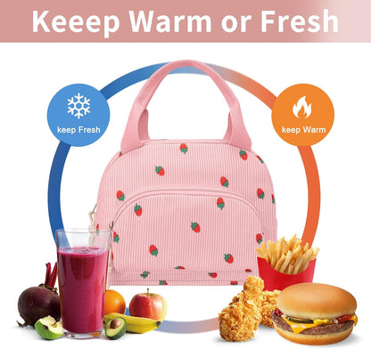Lunch Bag Women Lunch Box for Women Adult Cute Insulated Lunch Bag Small Cooler Lunch Tote Bags for Work Picnic Travel (Pink-Strawberry)