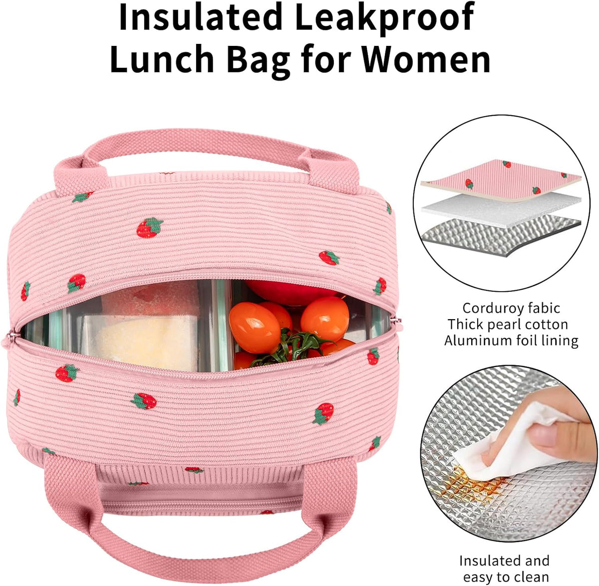Lunch Bag Women Lunch Box for Women Adult Cute Insulated Lunch Bag Small Cooler Lunch Tote Bags for Work Picnic Travel (Pink-Strawberry)