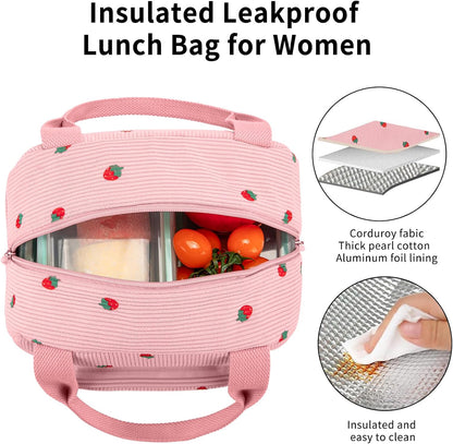 Lunch Bag Women Lunch Box for Women Adult Cute Insulated Lunch Bag Small Cooler Lunch Tote Bags for Work Picnic Travel (Pink-Strawberry)