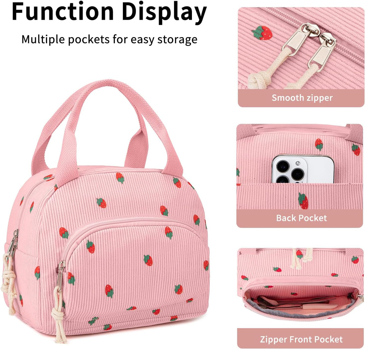 Lunch Bag Women Lunch Box for Women Adult Cute Insulated Lunch Bag Small Cooler Lunch Tote Bags for Work Picnic Travel (Pink-Strawberry)