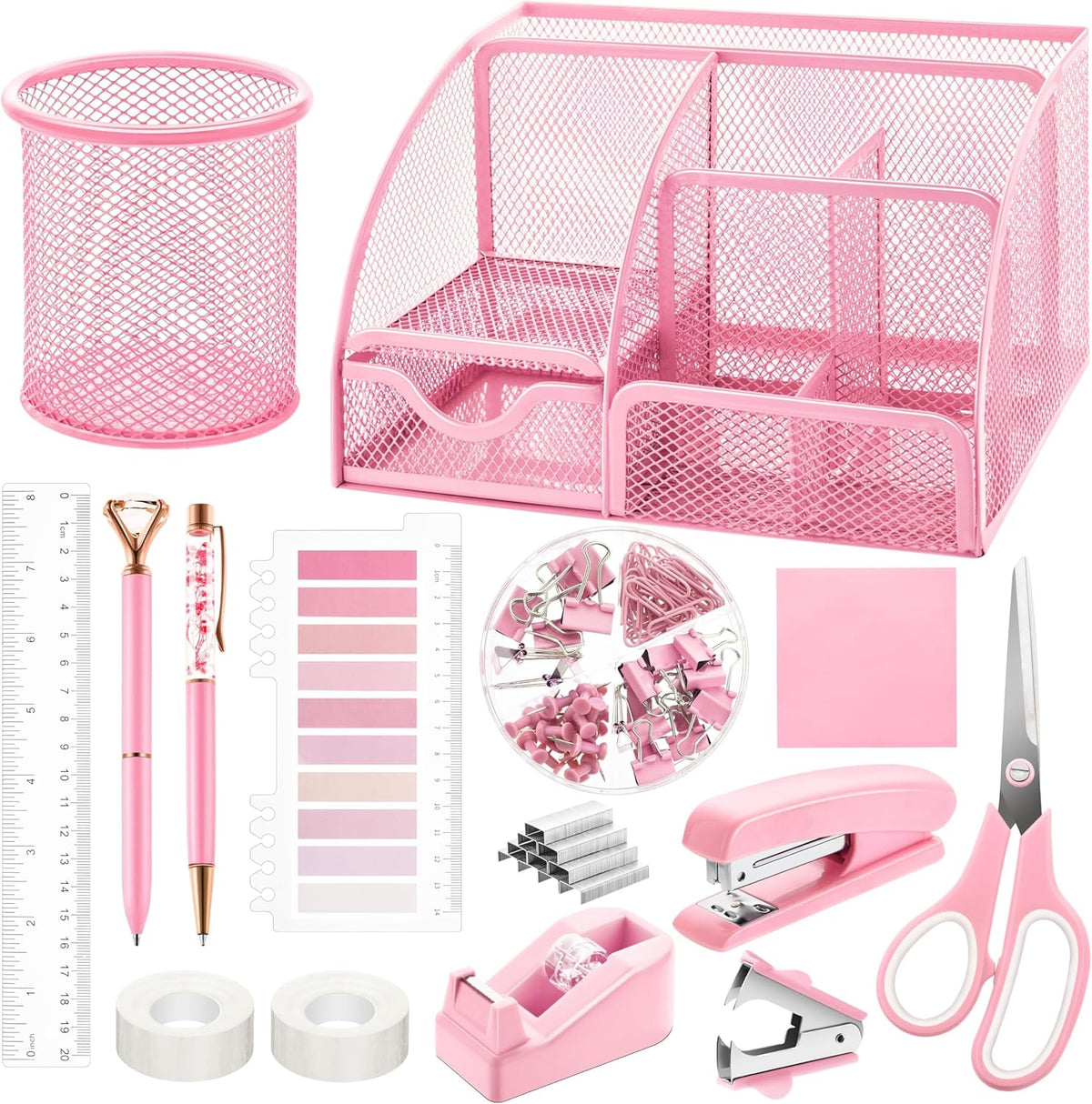 11 Pcs Pink Office Supplies Set Mesh Desk Organizer Accessories Kit