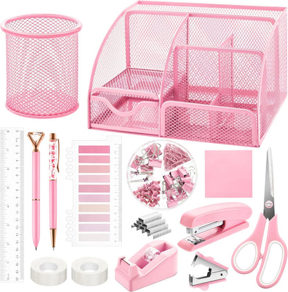 11 Pcs Pink Office Supplies Set Mesh Desk Organizer Accessories Kit