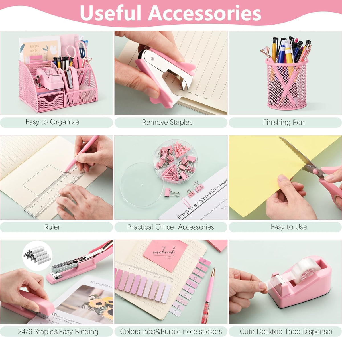 11 Pcs Pink Office Supplies Set Mesh Desk Organizer Accessories Kit