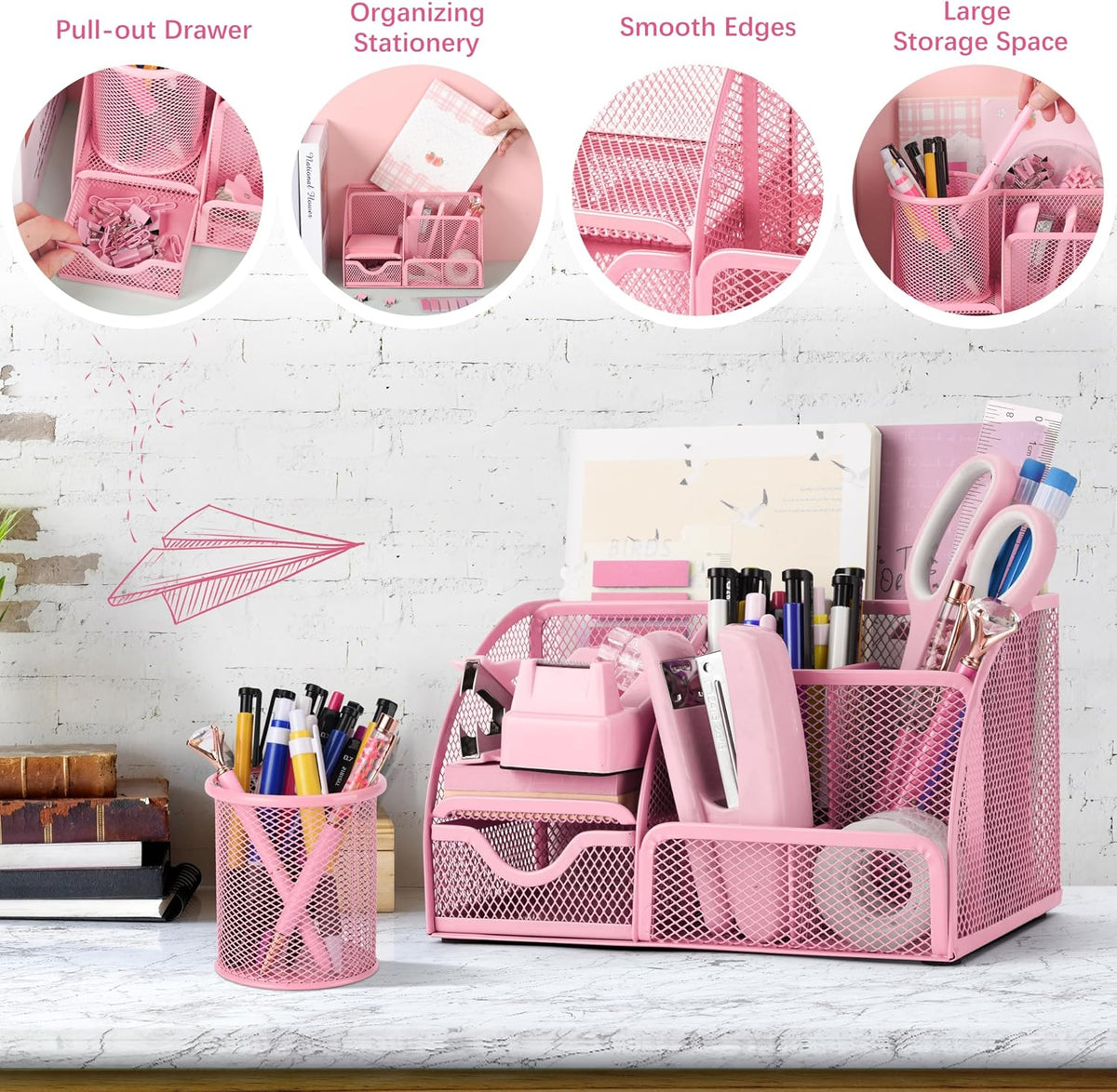 11 Pcs Pink Office Supplies Set Mesh Desk Organizer Accessories Kit