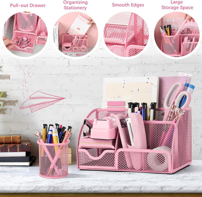 11 Pcs Pink Office Supplies Set Mesh Desk Organizer Accessories Kit