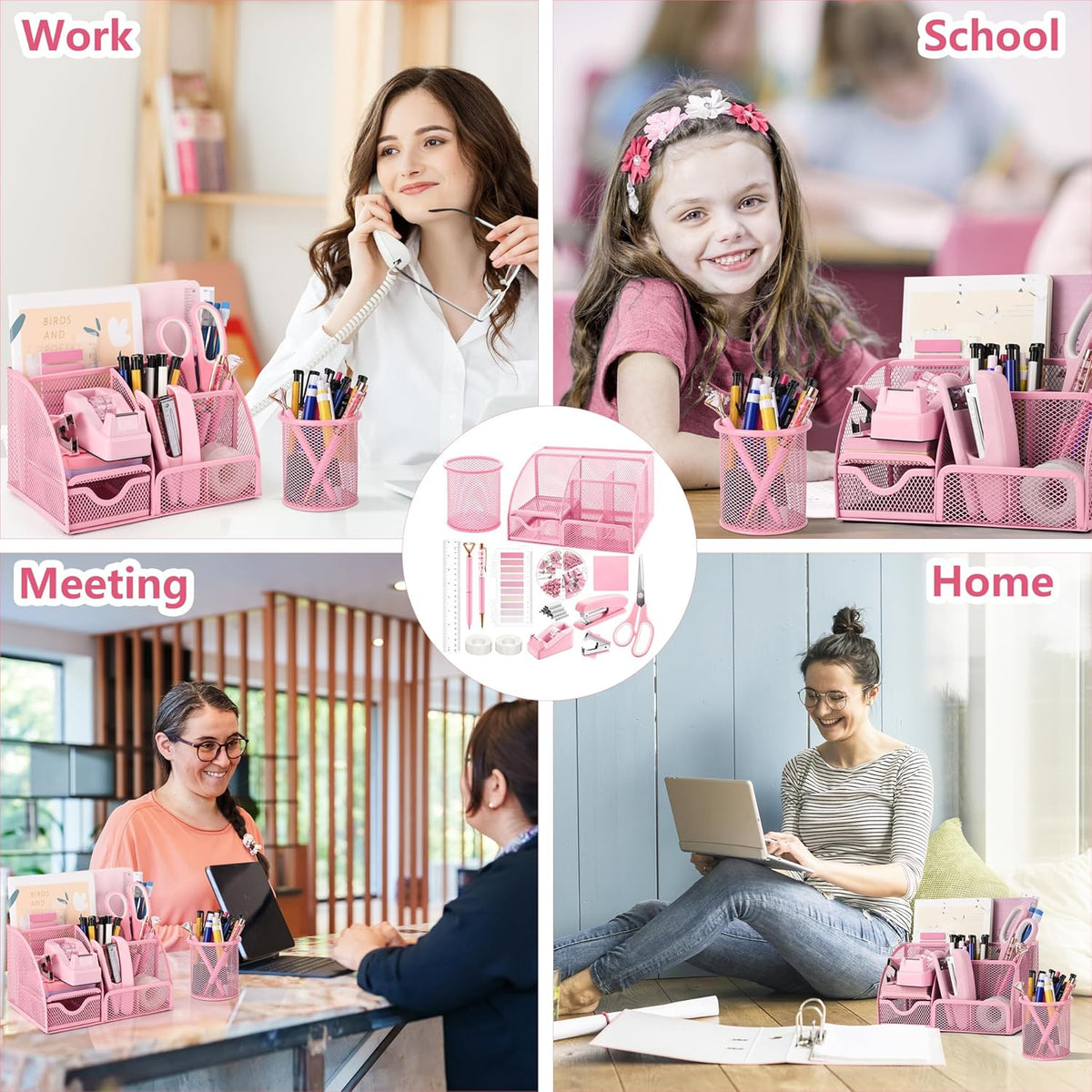 11 Pcs Pink Office Supplies Set Mesh Desk Organizer Accessories Kit