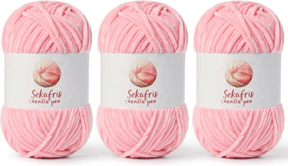 Chenille Yarn for Crocheting, Size 5 Bulky,3 Pink