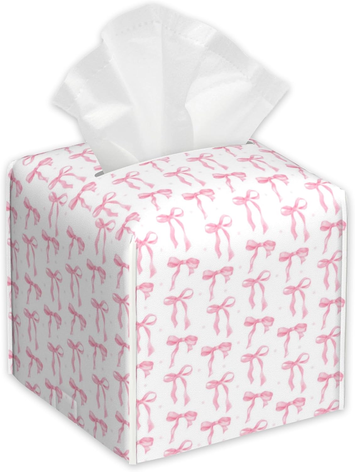 Pink Ribbon Bow Tissue Box Cover,PU Leather Tissue Box Holder Square,Modern Home Decoration for Bathroom Living Room Kitchen Office Car,5.2"×5.2"×5.2"