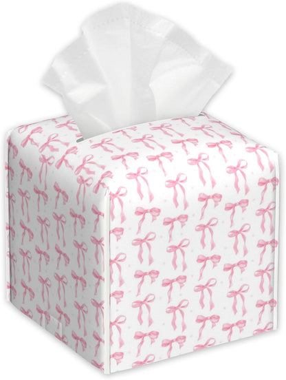 Pink Ribbon Bow Tissue Box Cover,PU Leather Tissue Box Holder Square,Modern Home Decoration for Bathroom Living Room Kitchen Office Car,5.2"×5.2"×5.2"