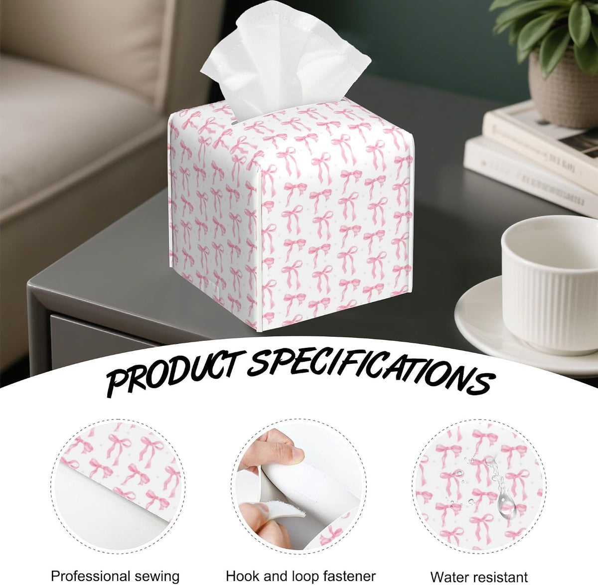 Pink Ribbon Bow Tissue Box Cover,PU Leather Tissue Box Holder Square,Modern Home Decoration for Bathroom Living Room Kitchen Office Car,5.2"×5.2"×5.2"