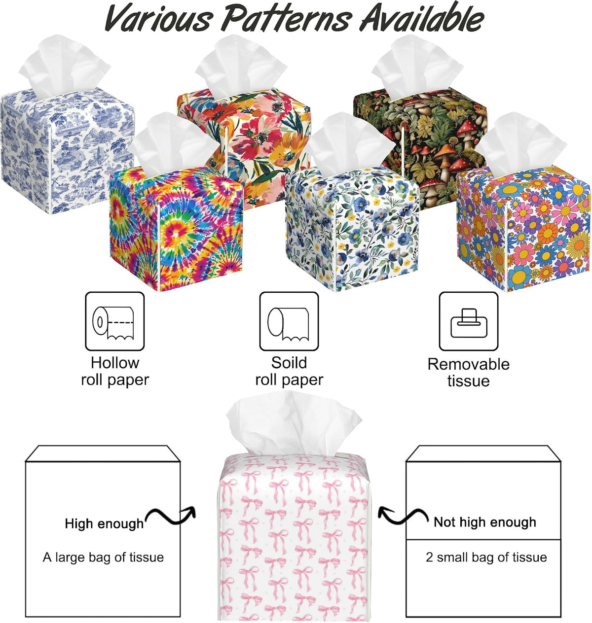 Pink Ribbon Bow Tissue Box Cover,PU Leather Tissue Box Holder Square,Modern Home Decoration for Bathroom Living Room Kitchen Office Car,5.2"×5.2"×5.2"