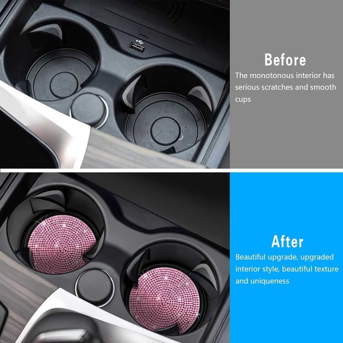 2PCS Bling Car Cup Holder Coaster, Crystal Rhinestone, Pink