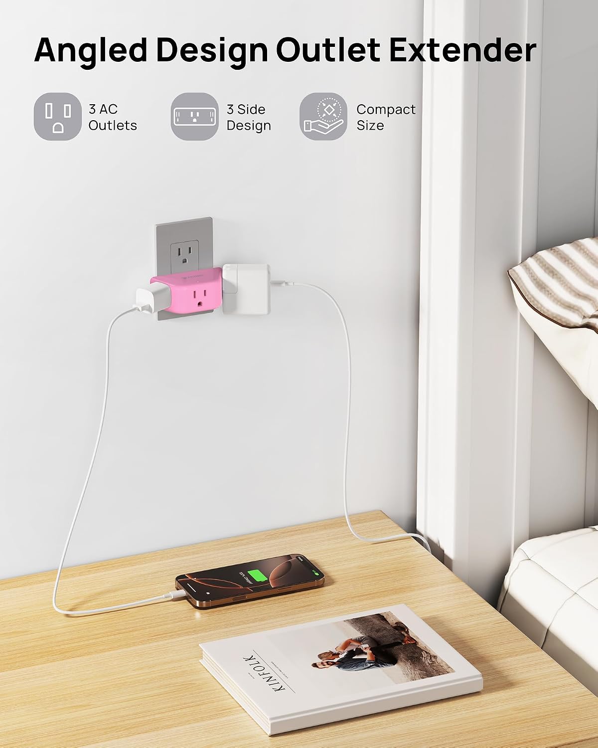 TROND Pink Outlet Extender with 3-Prong Grounded Sockets, for Tight Spaces