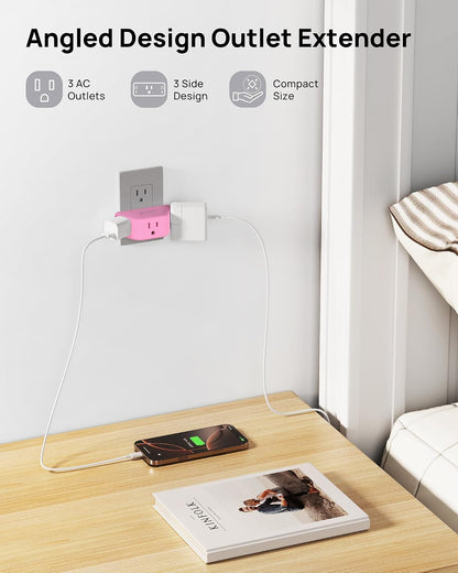 TROND Pink Outlet Extender with 3-Prong Grounded Sockets, for Tight Spaces