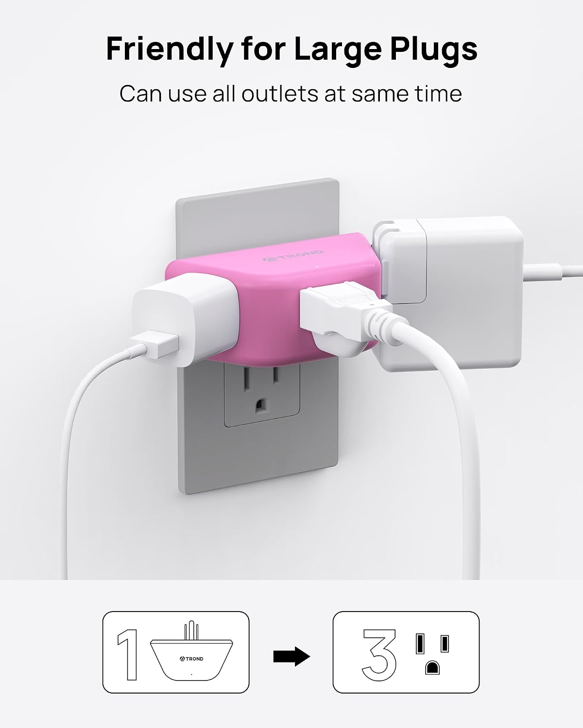 TROND Pink Outlet Extender with 3-Prong Grounded Sockets, for Tight Spaces