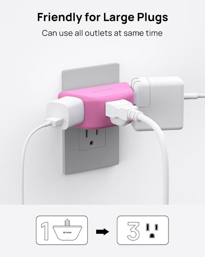 TROND Pink Outlet Extender with 3-Prong Grounded Sockets, for Tight Spaces