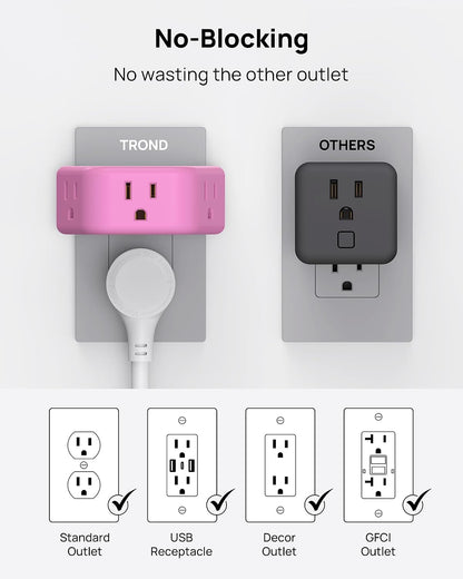 TROND Pink Outlet Extender with 3-Prong Grounded Sockets, for Tight Spaces